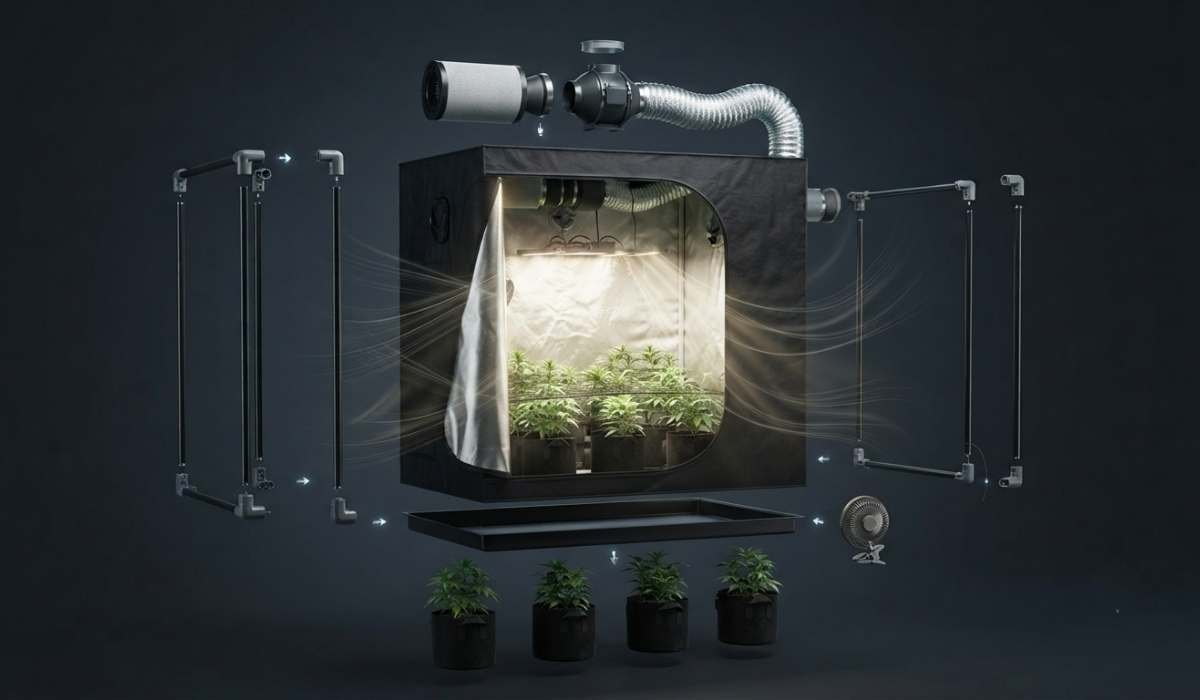 Growzelt Komplettset mit Belueftung Abluftventilator Aktivkohlefilter und Cannabispflanzen fuer Indoor-Anbau
