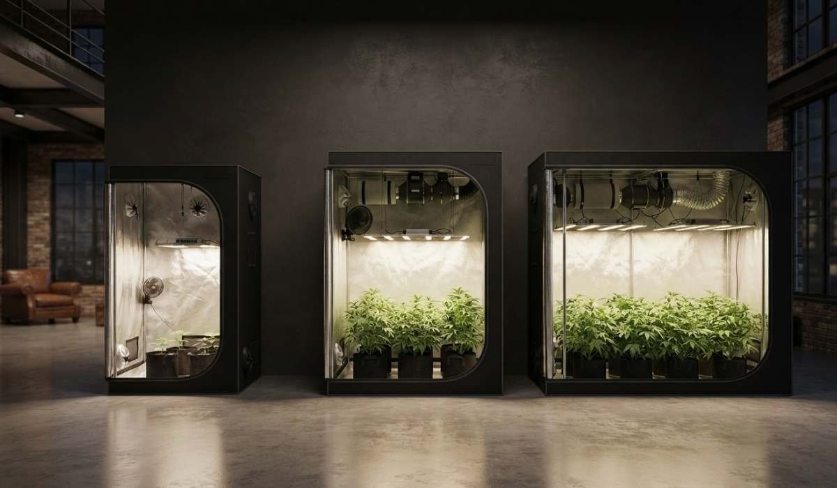 Drei Growzelte in verschiedenen Groessen nebeneinander mit LED-Beleuchtung und Cannabispflanzen im Indoor-Raum