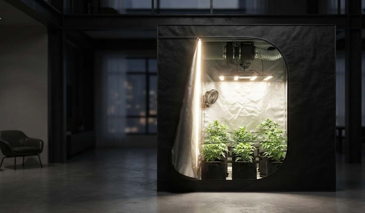Grosses Growzelt mit geoeffneter Tuer LED-Panel Umluftventilator und gesunden Cannabispflanzen im modernen Raum