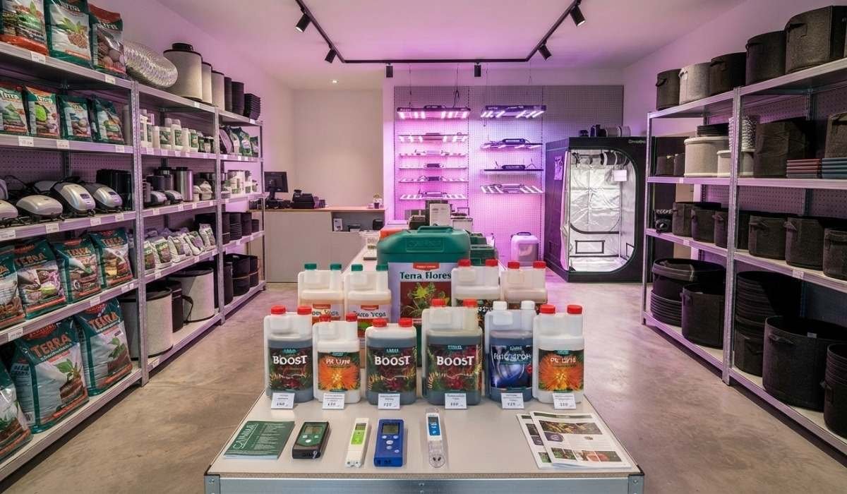 Growshop mit CANNA Duenger Kanistern Aqua Vega und Naehrstoffen im Regal mit Beratung