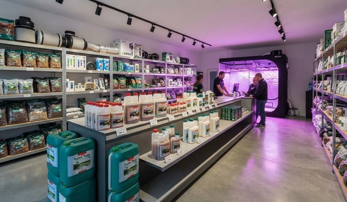 CANNA Terra Flores Boost und PK Duenger auf Praesentationstisch mit pH-Messgeraeten im Growshop