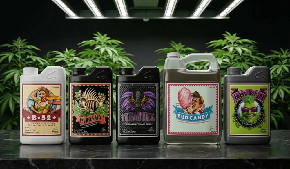 Advanced Nutrients B-52 Piranha Tarantula Bud Candy und Big Bud Flaschen im Growroom unter LED-Licht