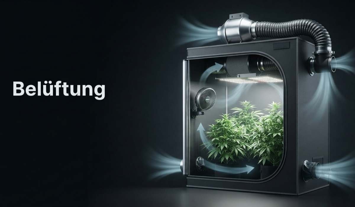 Belueftung Set fuer Growbox mit Rohrventilator Aktivkohlefilter und Umluftventilator neben Growzelt