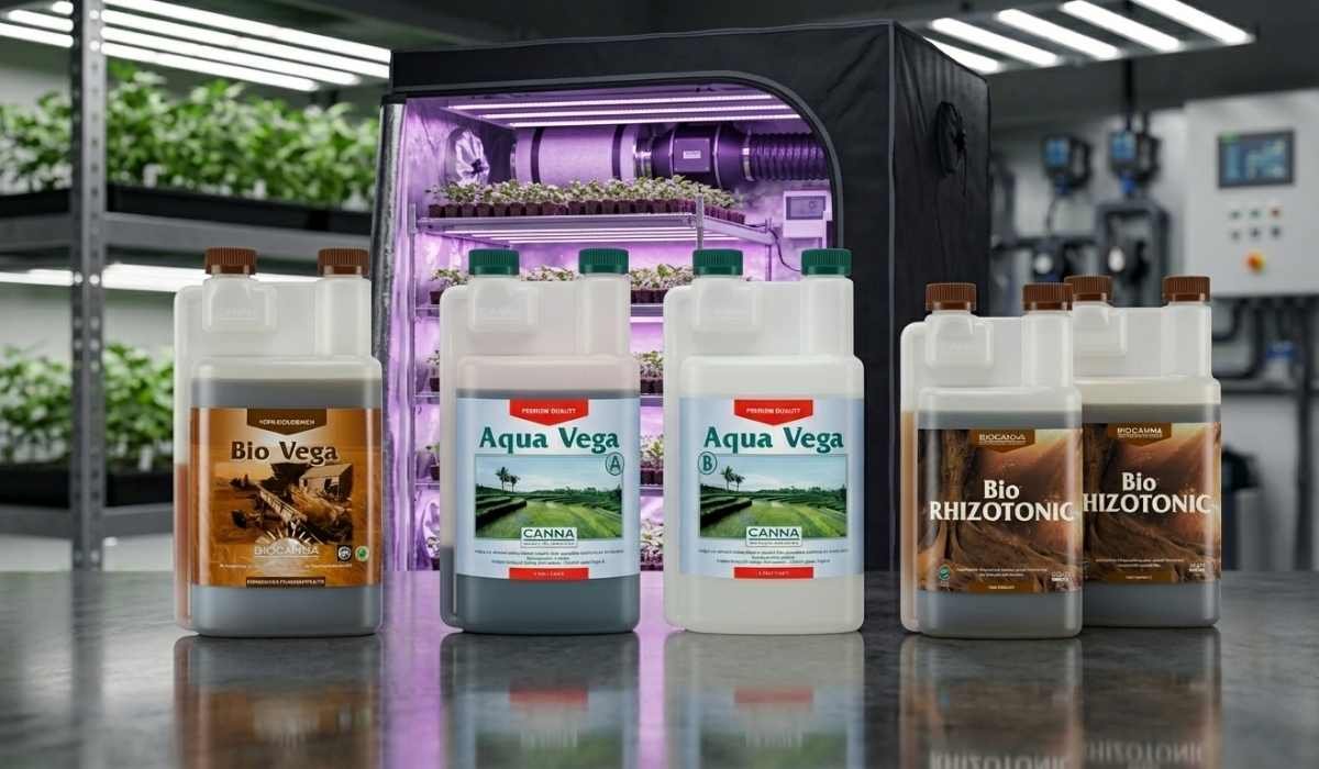 CANNA Duenger Sortiment mit Bio Vega Aqua Vega und Bio Rhizotonic Flaschen vor Growzelt