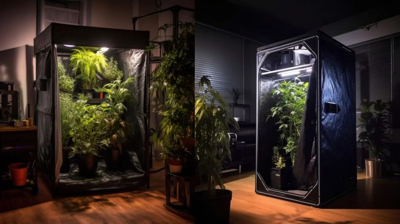 Zwei Growzelte im Vergleich mit ueppigen gruenen Cannabispflanzen und Beleuchtung im Wohnraum