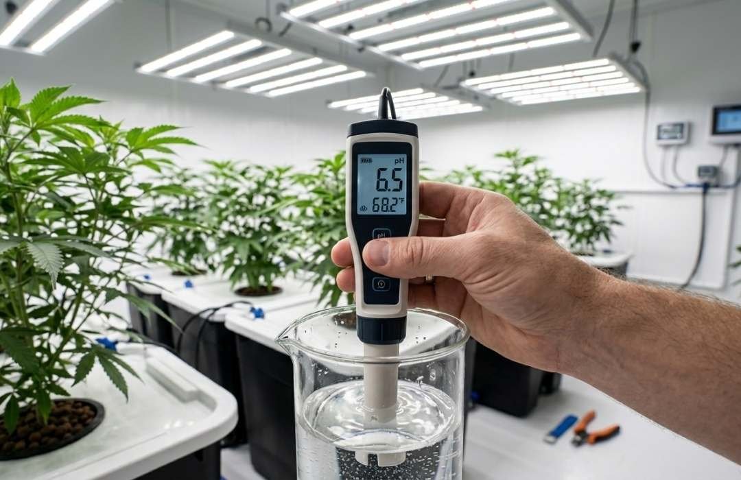 Digitales pH-Meter zeigt optimalen Wert 6.5 in Naehrloesung im Cannabis Growroom