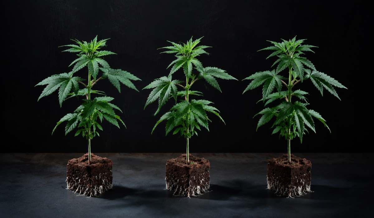 Drei Cannabis-Jungpflanzen mit freigelegtem Wurzelballen