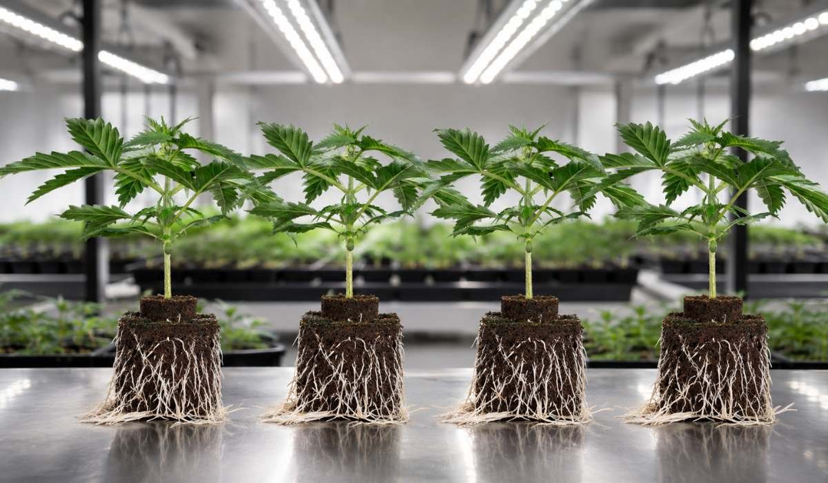 Cannabis Sämlinge mit kräftiger Pfahlwurzel im Growraum