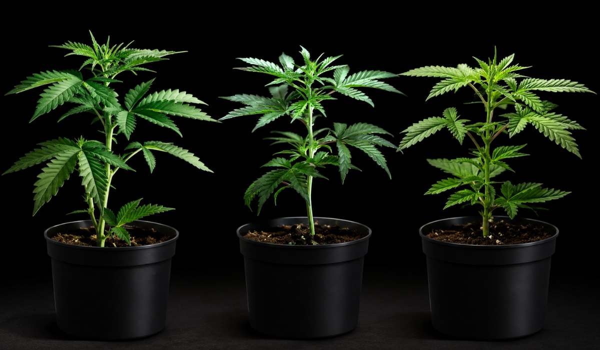 Drei Cannabis-Jungpflanzen mit freigelegtem Wurzelballen