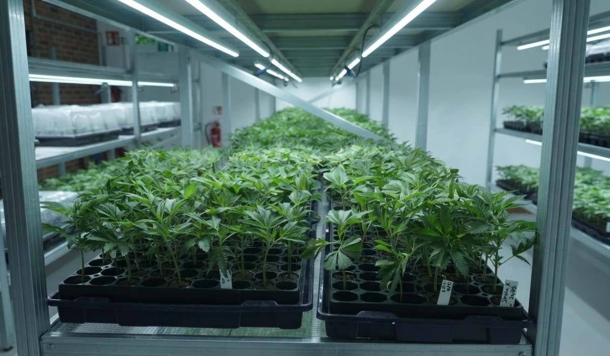 Cannabis Stecklinge in beschrifteten Anzuchttrays im professionellen Grow-Regal mit Sortenkennzeichnung