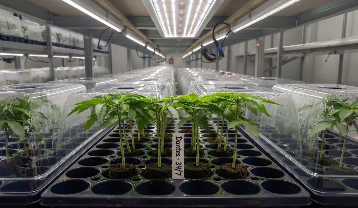 Hanfstecklinge kaufen bewurzelte Cannabis Stecklinge im Anzuchttray unter LED-Licht in professioneller Aufzucht