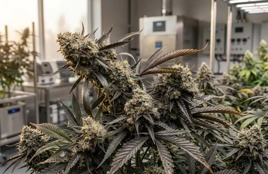 Nahaufnahme dunkler, harzreicher Cannabisblüten kurz vor der Erntereife