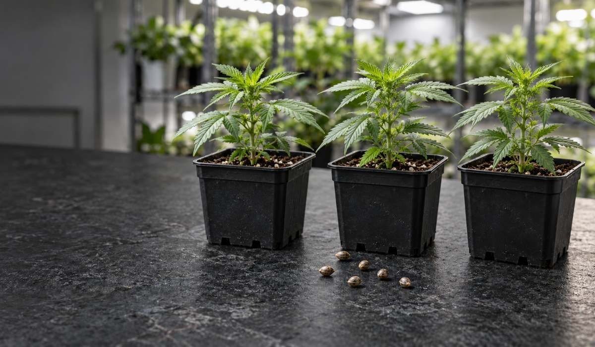 Drei junge Cannabis-Jungpflanzen in Töpfen neben Cannabissamen in einer Growanlage