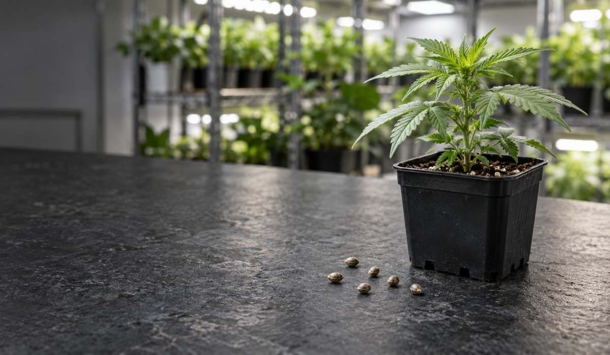 Junge Cannabis-Jungpflanze im Topf neben mehreren Cannabissamen in einer Growanlage