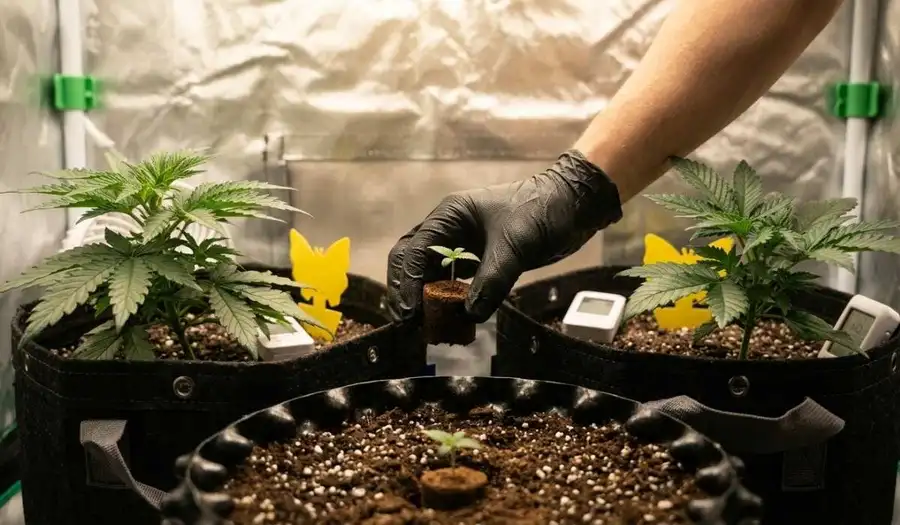 Green House Seeds Cannabissämling wird beim Umtopfen in ein Anzuchtgefäß im Growzelt eingesetzt