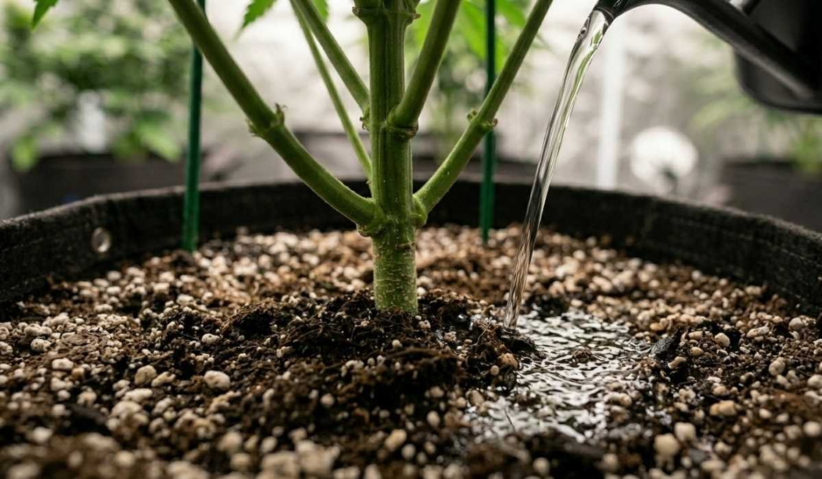 Cannabis Erde mit Perlite im Stofftopf wird gegossen