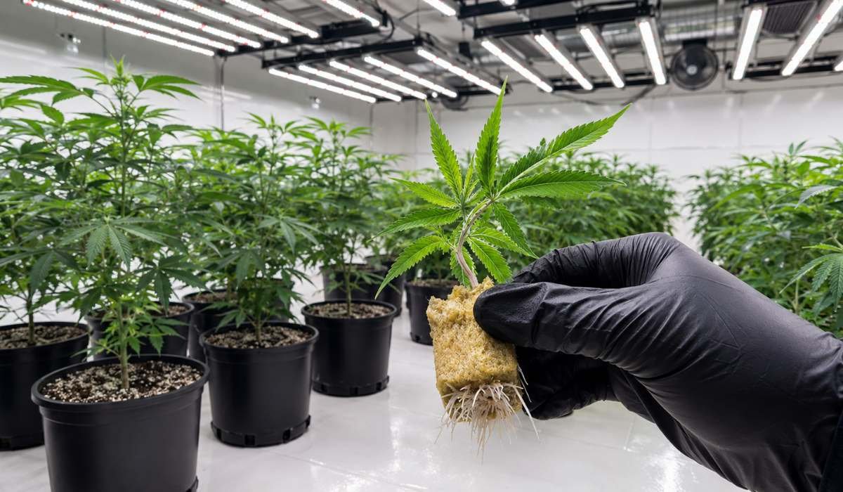 Hanfstecklinge kaufen bewurzelte Cannabis Stecklinge im Anzuchttray unter LED-Licht in professioneller Aufzucht