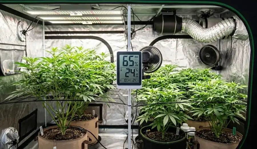 Paradise Seeds Growzelt Klimakontrolle Luftfeuchtigkeit und Temperatur Anzeige