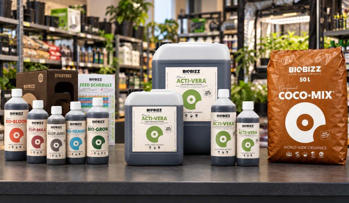 BioBizz Dünger Sortiment mit Bio Bloom, Top Max, Root Juice, Bio Heaven, Bio Grow, Acti Vera und Coco Mix