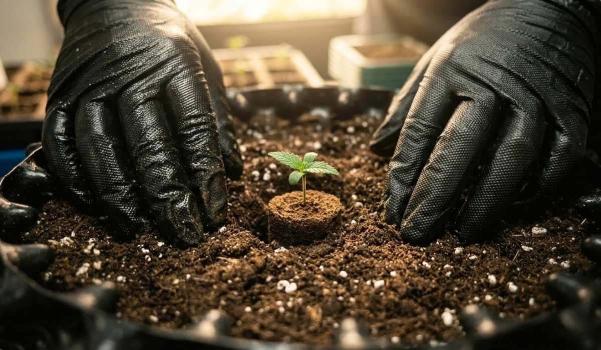Junger Cannabis-Sämling im Anzuchtwürfel wird mit Handschuhen in Erde gesetzt