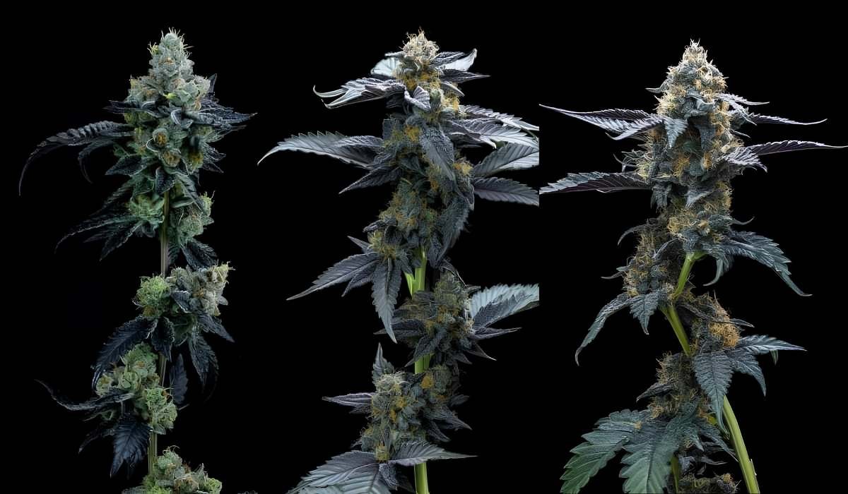 Drei verschiedene Cannabis-Sorten mit unterschiedlicher Blüten- und Blattstruktur vor schwarzem Hintergrund