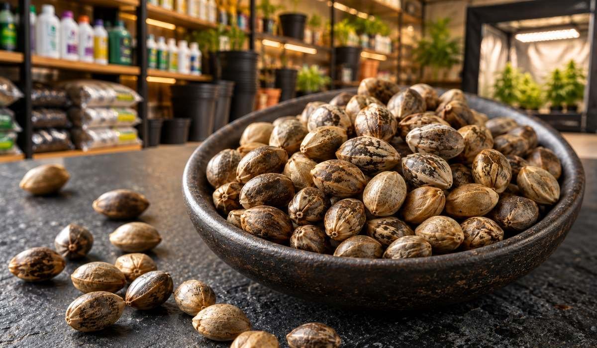Schale voller Cannabis Samen mit dunkel gemaserter Schale in einem Growshop
