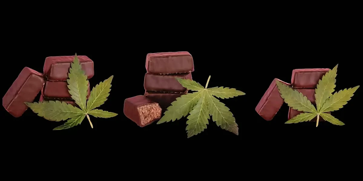 Edibles – Cannabis zum Essen 5 Schokoladen-Edibles: gefüllte Schokoriegel mit Cannabisblättern auf schwarzem Hintergrund