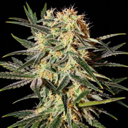 Arjan's Strawberry Haze Green House Seeds – Blütenaufnahme vor schwarzem Hintergrund