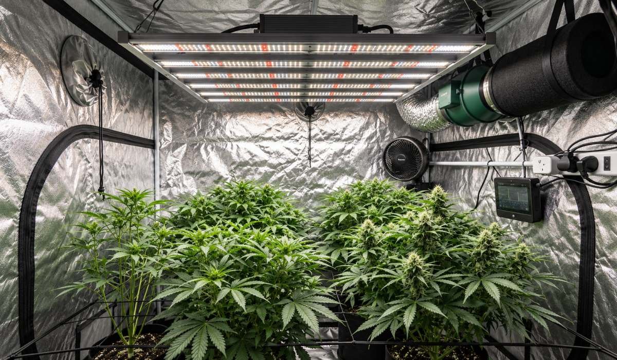 Growzelt mit Vollspektrum LED Grow Lampe, Aktivkohlefilter und Umluftventilator