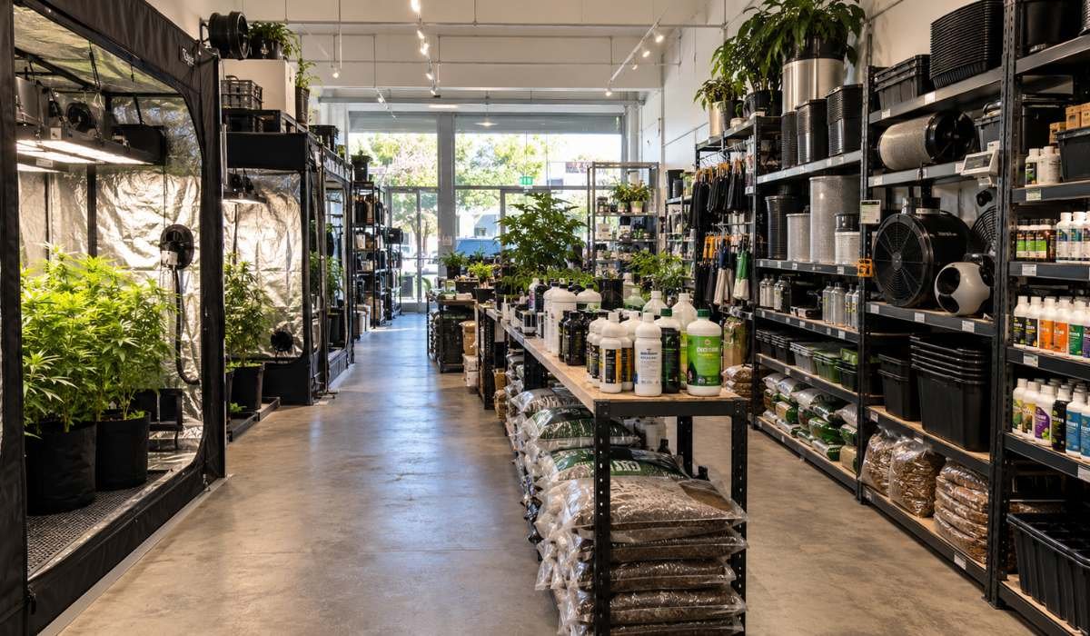Growshop mit Growzelten, Erde, Dünger und Belüftung im Regal