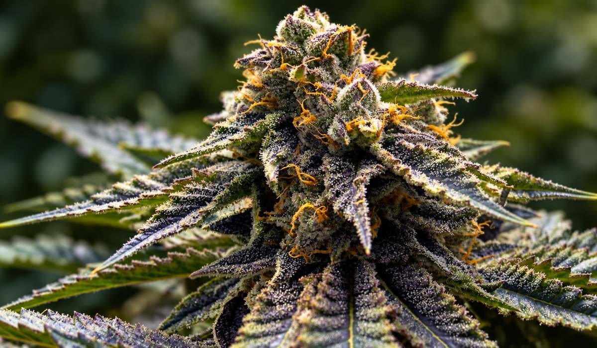 Humboldt Seeds Cannabis-Blüte mit violetten Blättern, orangen Härchen und dichtem Trichombesatz