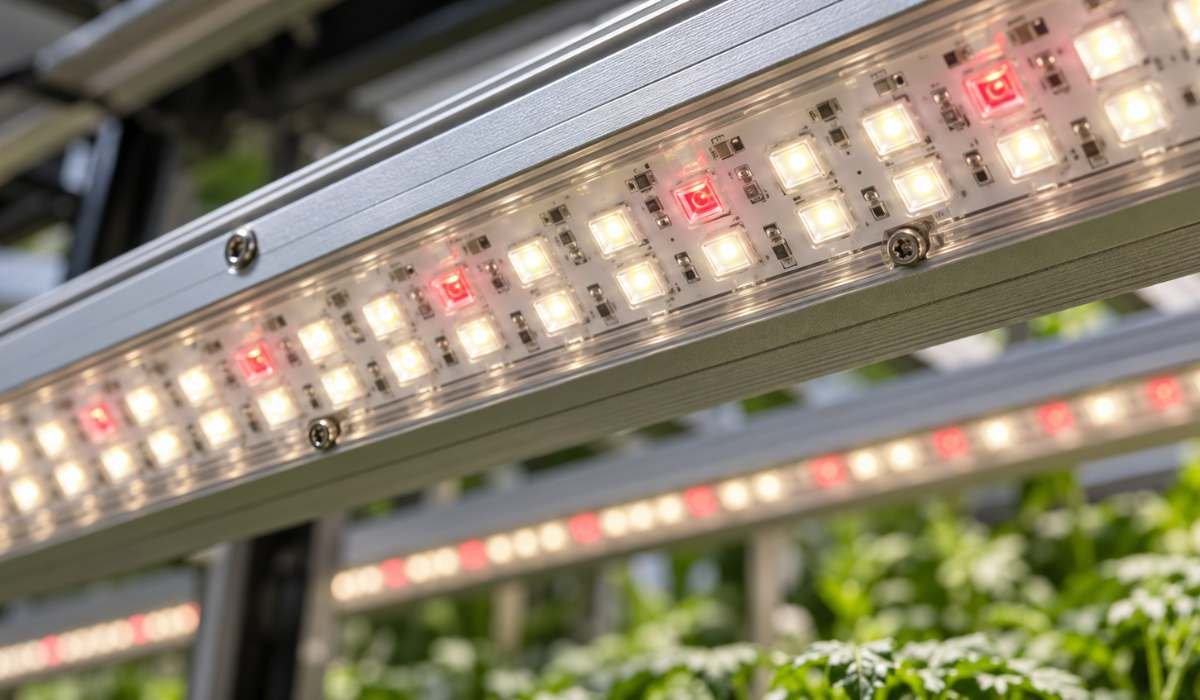 Vollspektrum LED Dioden weiß und 660 nm rot auf einer Grow-Lampen-Leiste