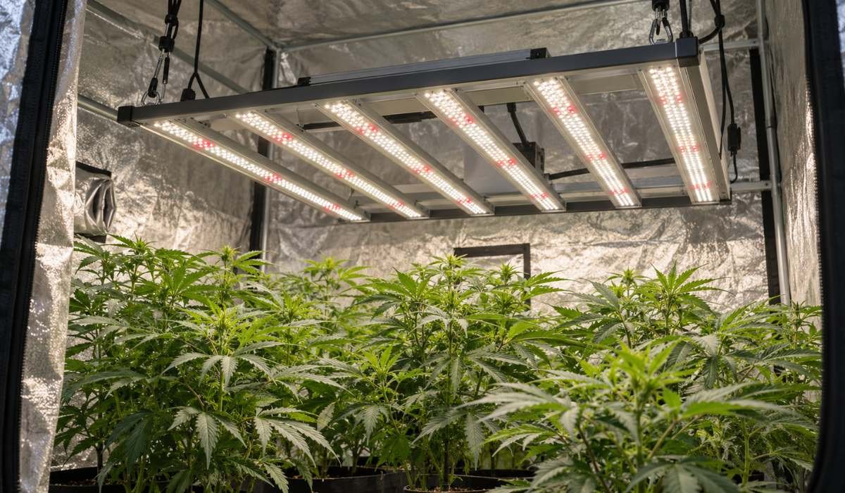LED Grow Lampe mit Vollspektrum-Bars über Hanfpflanzen im Growzelt