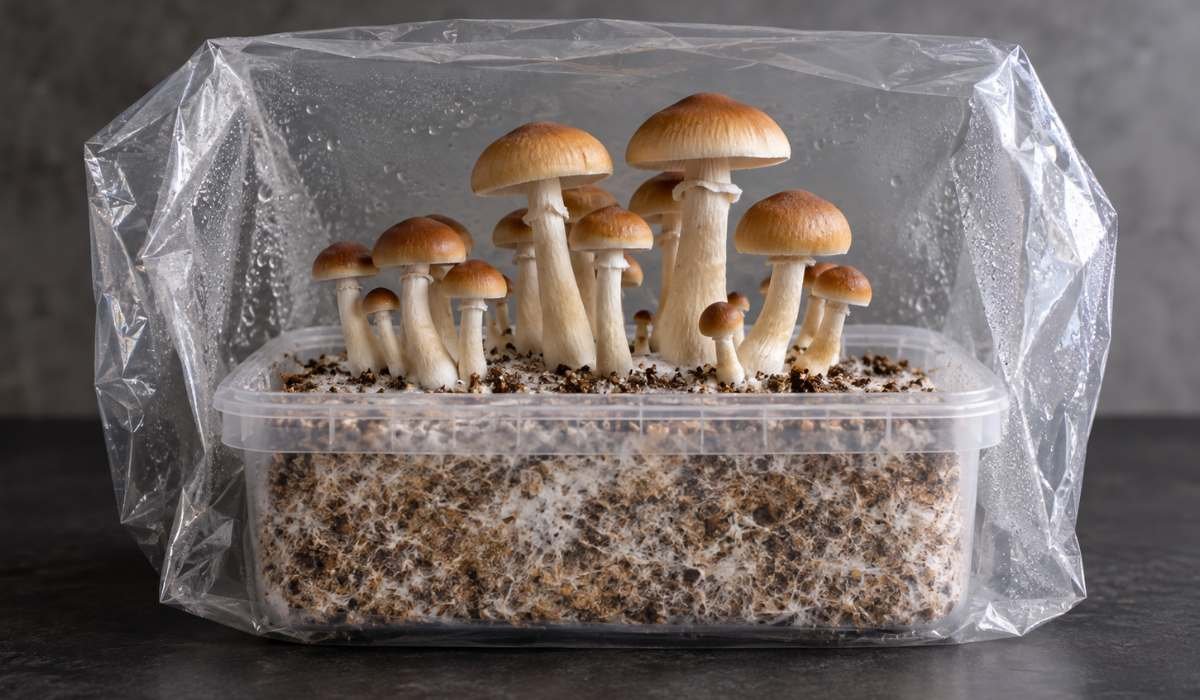 Pilz Growkit im transparenten Behälter mit weißem Myzel im Substrat