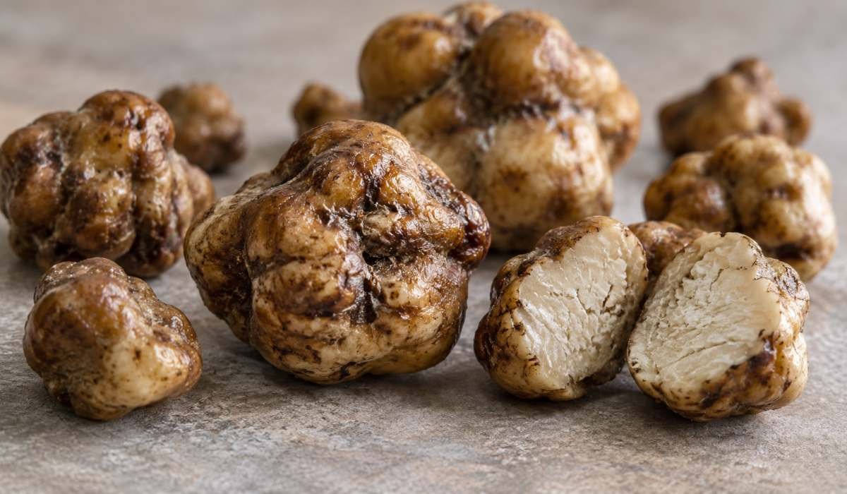 Frische Magic Truffles Sklerotien auf Steinplatte, zwei davon aufgeschnitten mit hellem Inneren