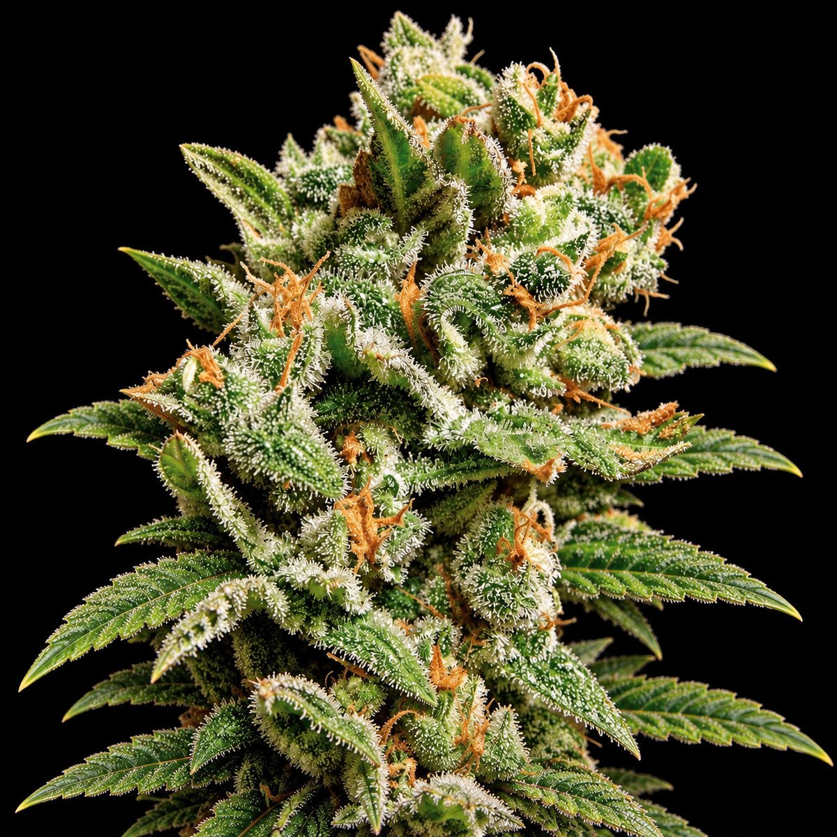 Paradise Seeds Dutch Dragon – vollständiger Bildausschnitt Dutch Dragon – Blütenaufnahme vor schwarzem Hintergrund