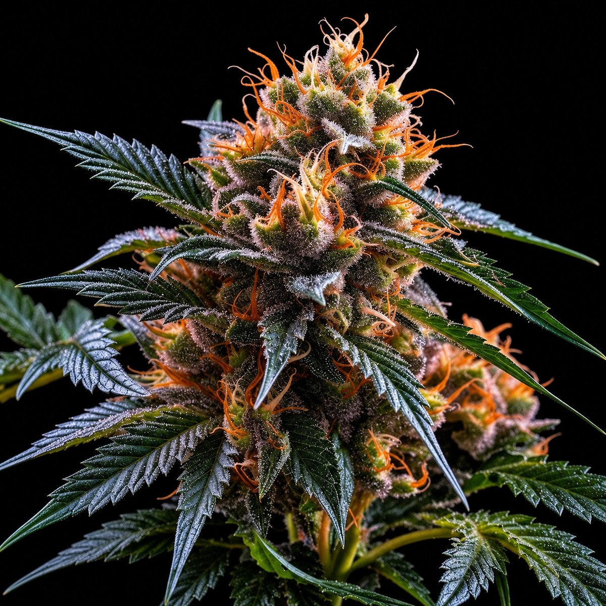 Acapulco Gold Feminisiert – vollständiger Bildausschnitt Acapulco Gold Feminisiert – Twins Garden Seeds Blütenaufnahme vor schwarzem Hintergrund