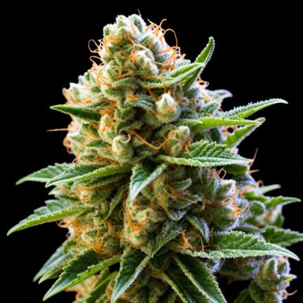White Widow Feminisiert – Twins Garden Seeds Blütenaufnahme vor schwarzem Hintergrund