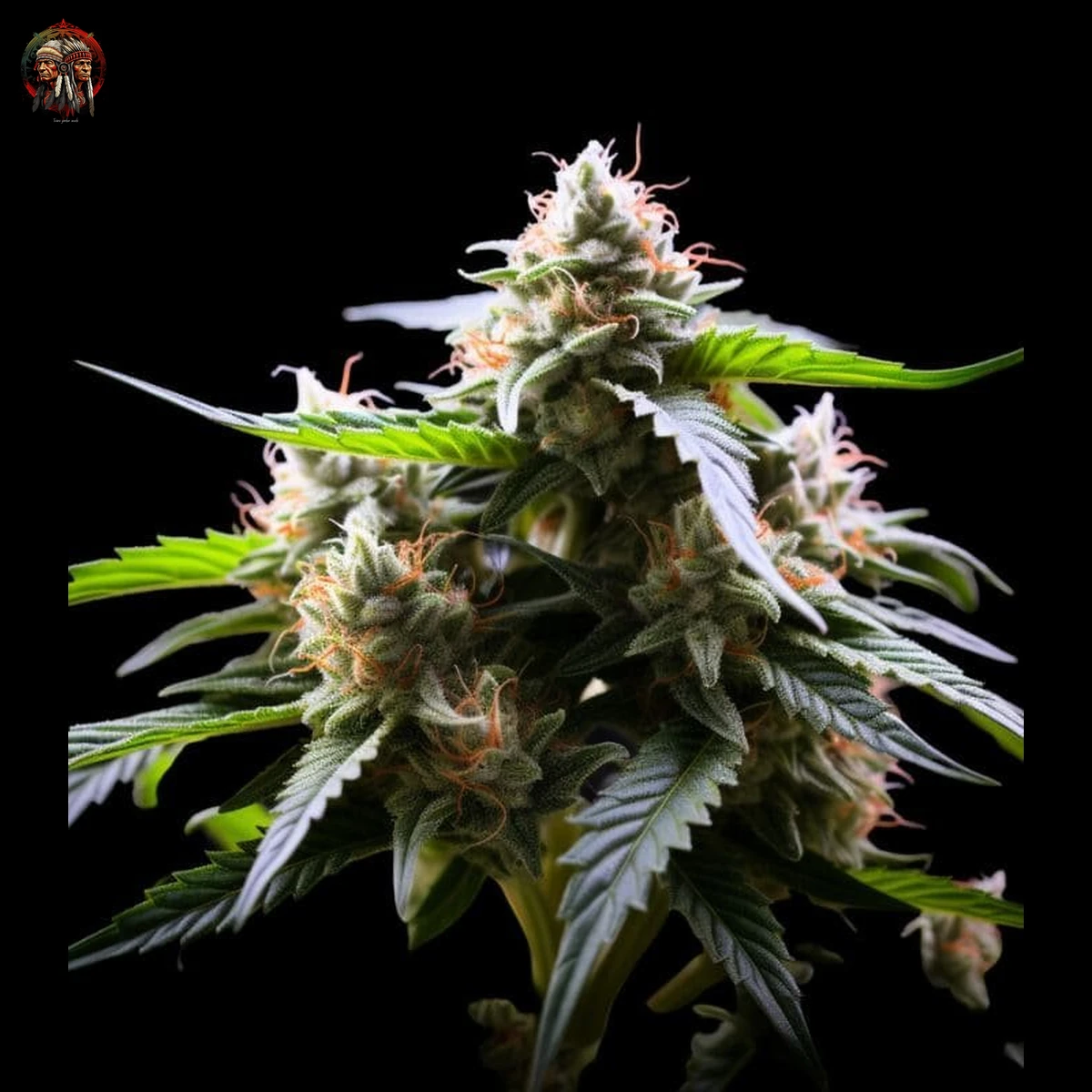 White Widow CBD – 1200 × 1200 White Widow CBD – Twins Garden Seeds Blütenaufnahme vor schwarzem Hintergrund